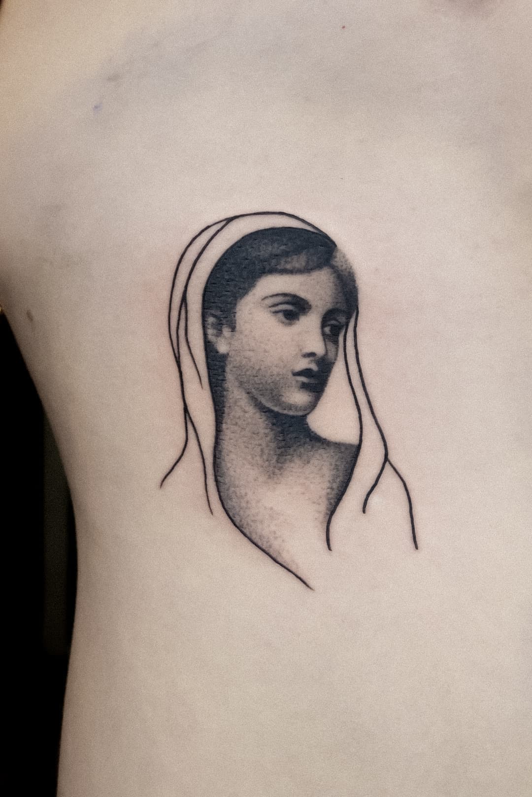 portrait on rib with linework veil